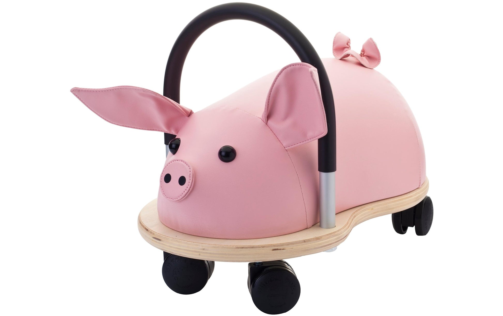 Wheely Bug Plüschtier Schweinchen – 4 Räder, 25 kg max. – 23 × 21 × 40 cm – ab 1 Jahr – schwarz/rosa/holzfarben