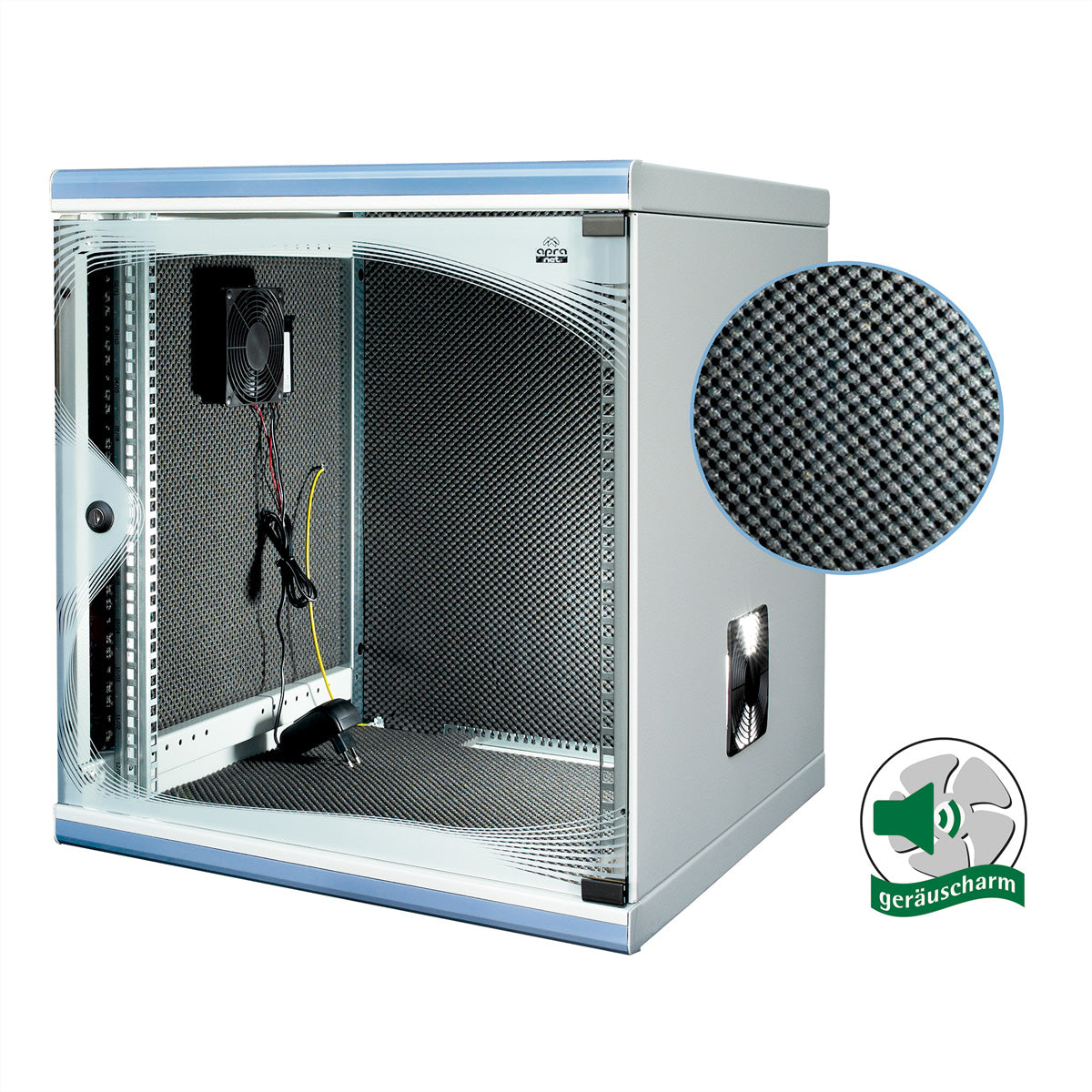 Apranet optiRACK silent – 19" Netzwerkschrank 12U, schallgedämmt, 555 × 600 × 612 mm, lichtgrau