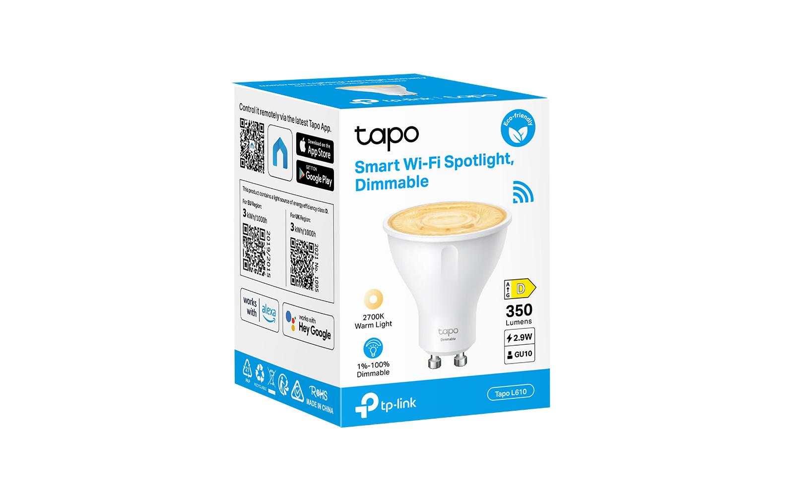 TP-Link Tapo L610 GU10 LED-Spot – WLAN, Amazon Alexa & Google Assistant, dimmbar – 2700 K – 350 lm 2,9 W – weiss