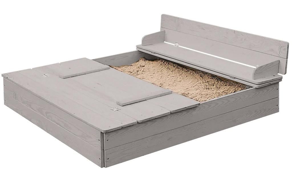 roba Quadratischer Sandkasten – 127 × 21,5 × 123,5 cm – mit 2 integrierten Bänken, ab 1 Jahr – Holz, grau