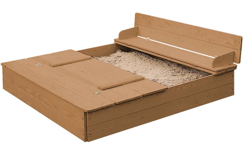 roba 456017TE Sandkasten – mit 2 integrierten Bänken – 127 × 123,5 × 21,5 cm – ab 1 Jahr – Holz – braun