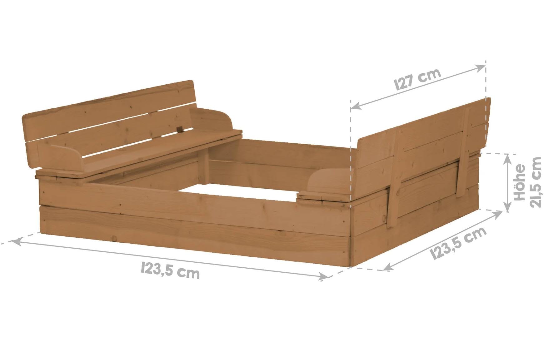 roba 456017TE Sandkasten – mit 2 integrierten Bänken – 127 × 123,5 × 21,5 cm – ab 1 Jahr – Holz – braun