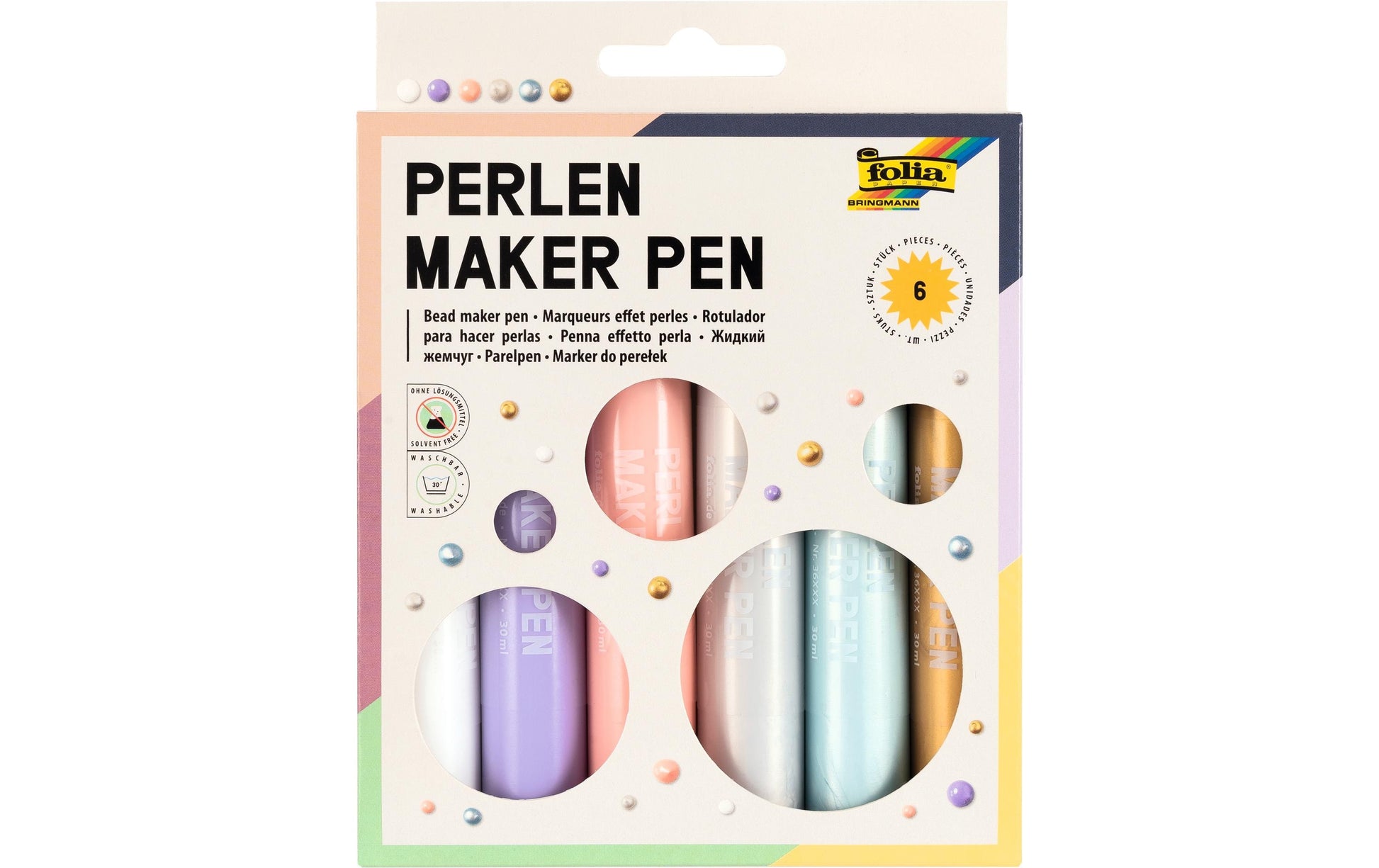 Folia Perlenstifte – Set – 6 Farben, 3D Perlenoptik, 6 × 30 ml