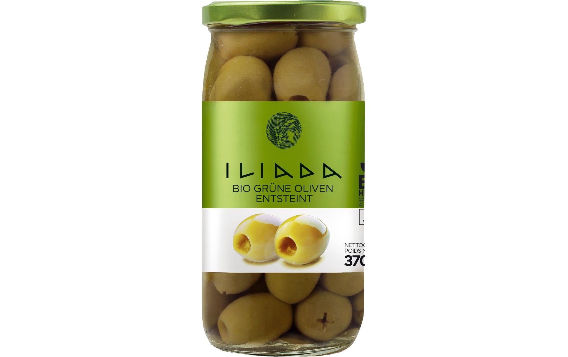 Iliada Golden Line Oliven – grün, entsteint, bio, vegan – 370 g
