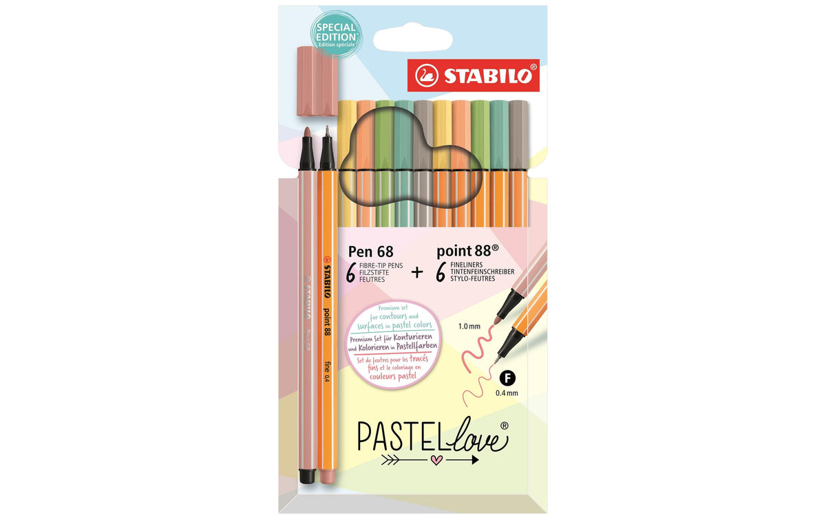STABILO Pen 68 & Point 88 Pastellove Fasermaler & Fineliner Etui – 12 Stk., 0,4–1 mm, Cap-Off (24 h)