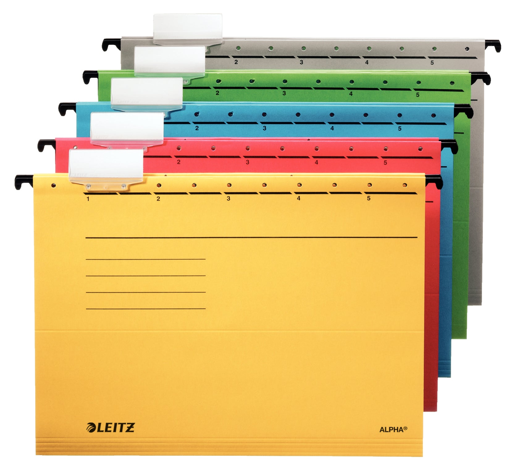 Leitz Alpha Hängemappe – für A4, Gelb, Karton, 5 Stk., seitlich offen, inkl. Reiter
