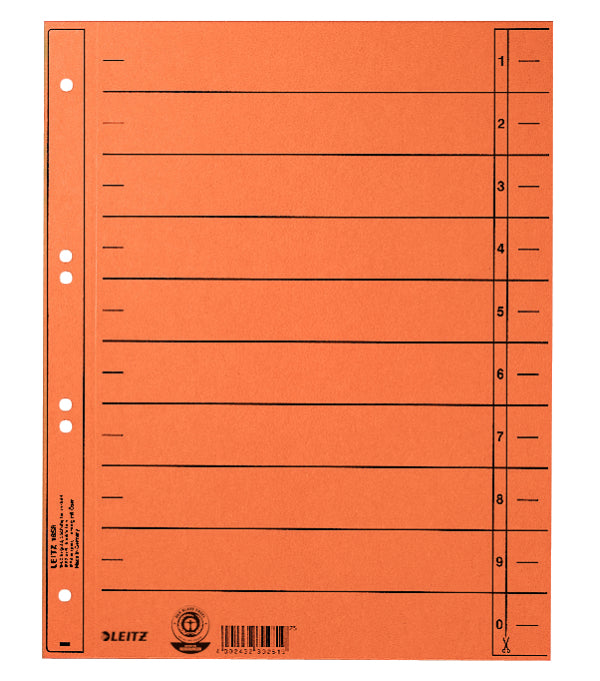 Leitz Trennblätter – A4 Überbreite, Karton 230 g/m², Orange, 6-fach, Blauer Engel – 100 Stk.