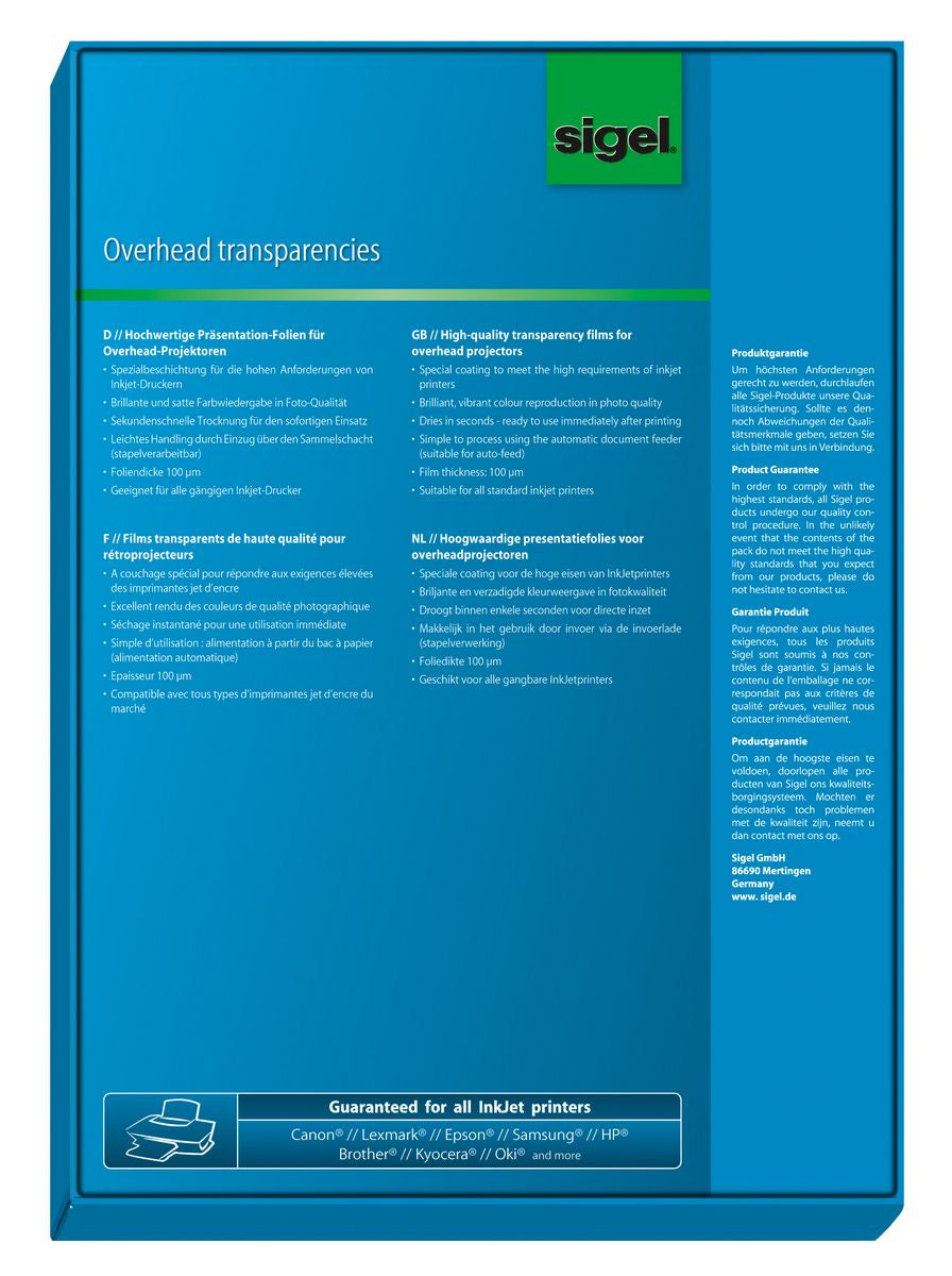 Sigel Transparentfolie (Drucker) IF210 transparent – A4, 100 µm, Inkjet, 50 Blatt