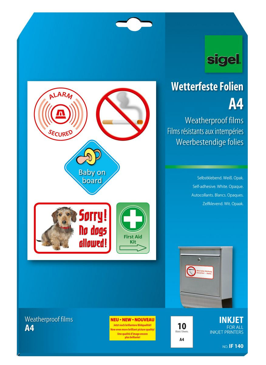 Sigel IF140 – Etiketten A4 – Folie, blickdicht, weiss – permanent haftend – Inkjet – 10 Blätter – wetterfest
