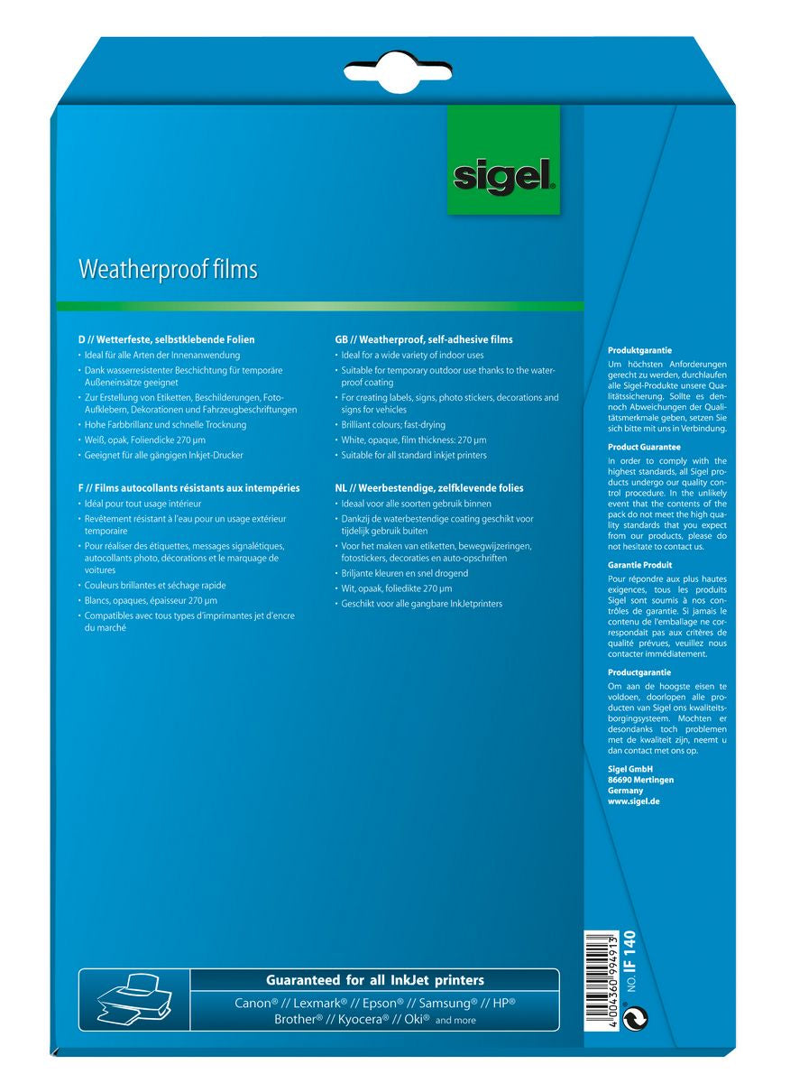 Sigel IF140 – Etiketten A4 – Folie, blickdicht, weiss – permanent haftend – Inkjet – 10 Blätter – wetterfest