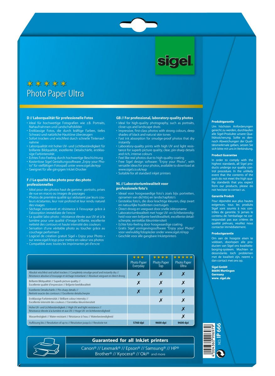 Sigel Ultra Fotopapier – seidenmatt, A4, 190 g/m², 20 Blatt, einseitig – für Inkjet-Drucker