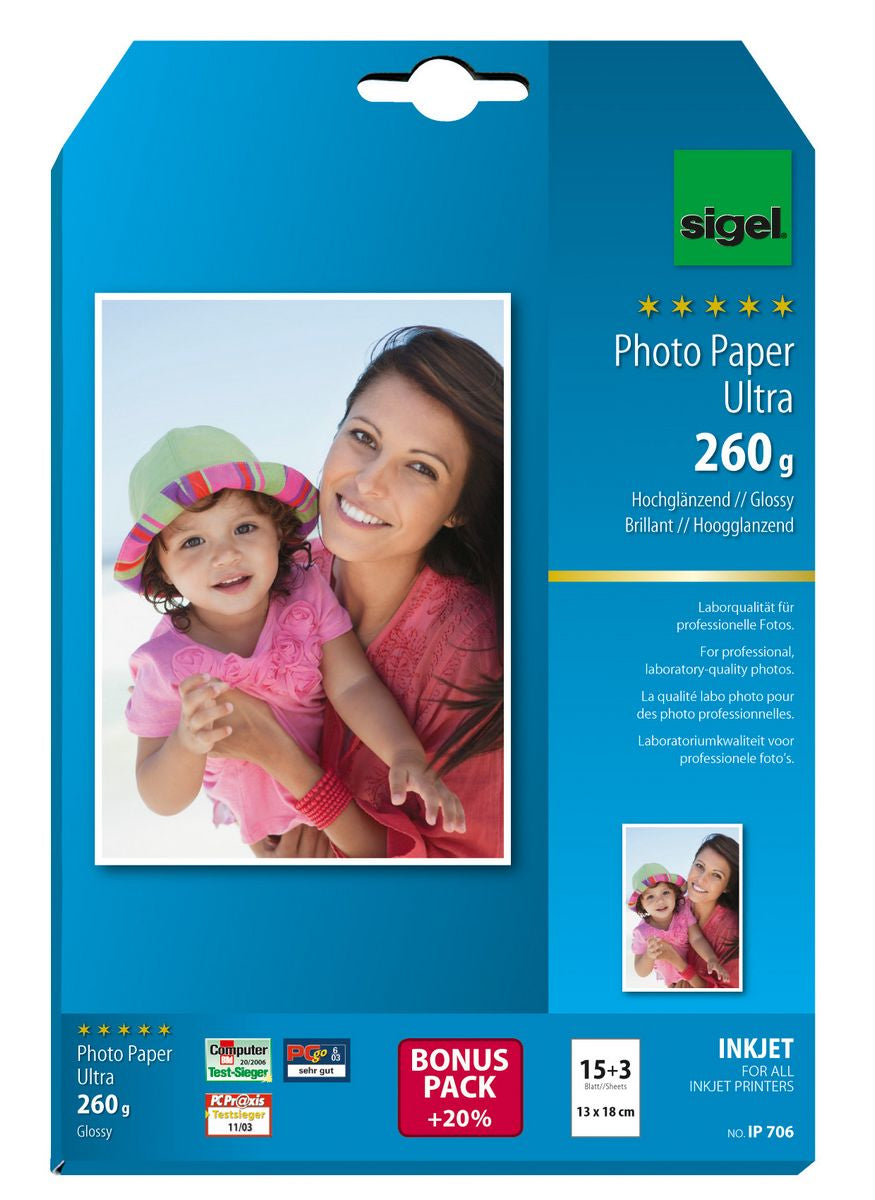 Sigel Fotopapier – glänzend, 18 × 13 cm, 260 g/m², 18 Blatt, für Inkjet