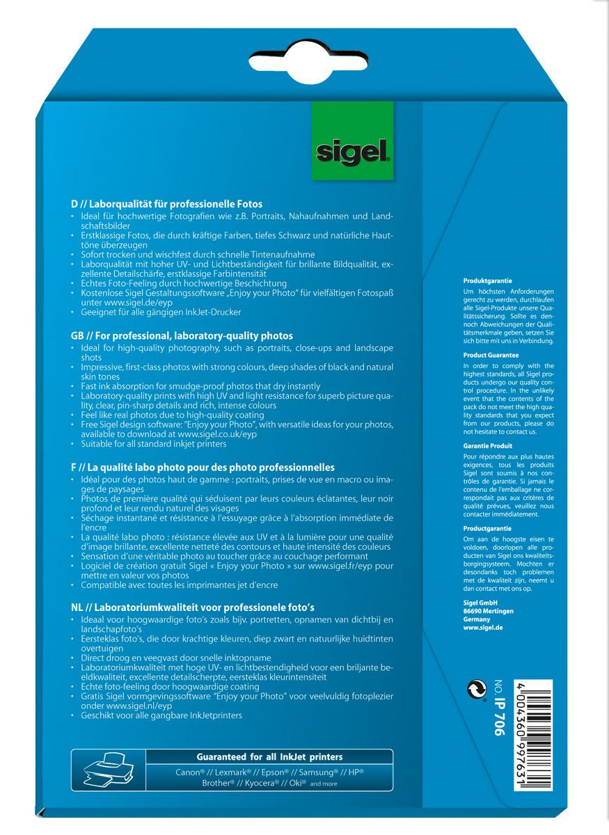 Sigel Fotopapier – glänzend, 18 × 13 cm, 260 g/m², 18 Blatt, für Inkjet