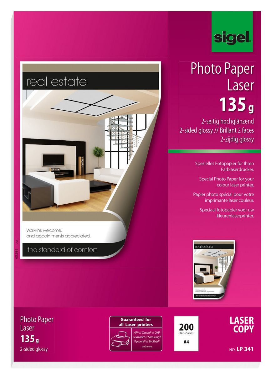 Sigel Fotopapier – hochglänzend, A4, 135 g/m², 200 Blatt, beidseitig – für Laserdrucker und Kopierer