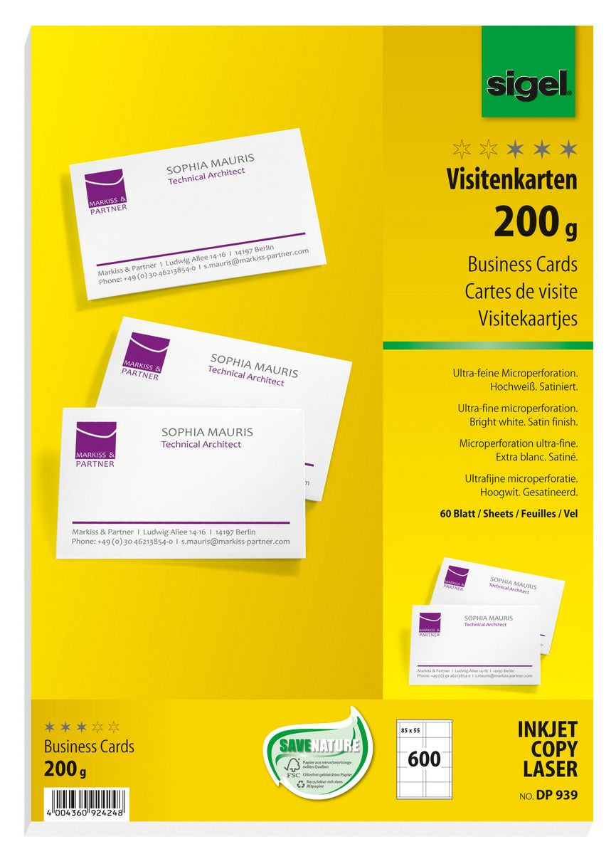 Sigel Visitenkarten, 85 × 55 mm – A4, 10 pro Blatt – 600 Karten – FSC-zertifiziert, beidseitig bedruckbar