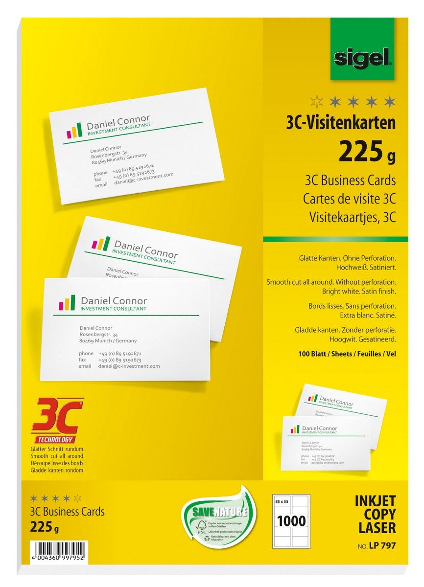 Sigel Visitenkarten, 85 × 55 mm – für Laser/Inkjet/Kopierer – A4, 10/Blatt – 1000 Karten – FSC-zertifiziert