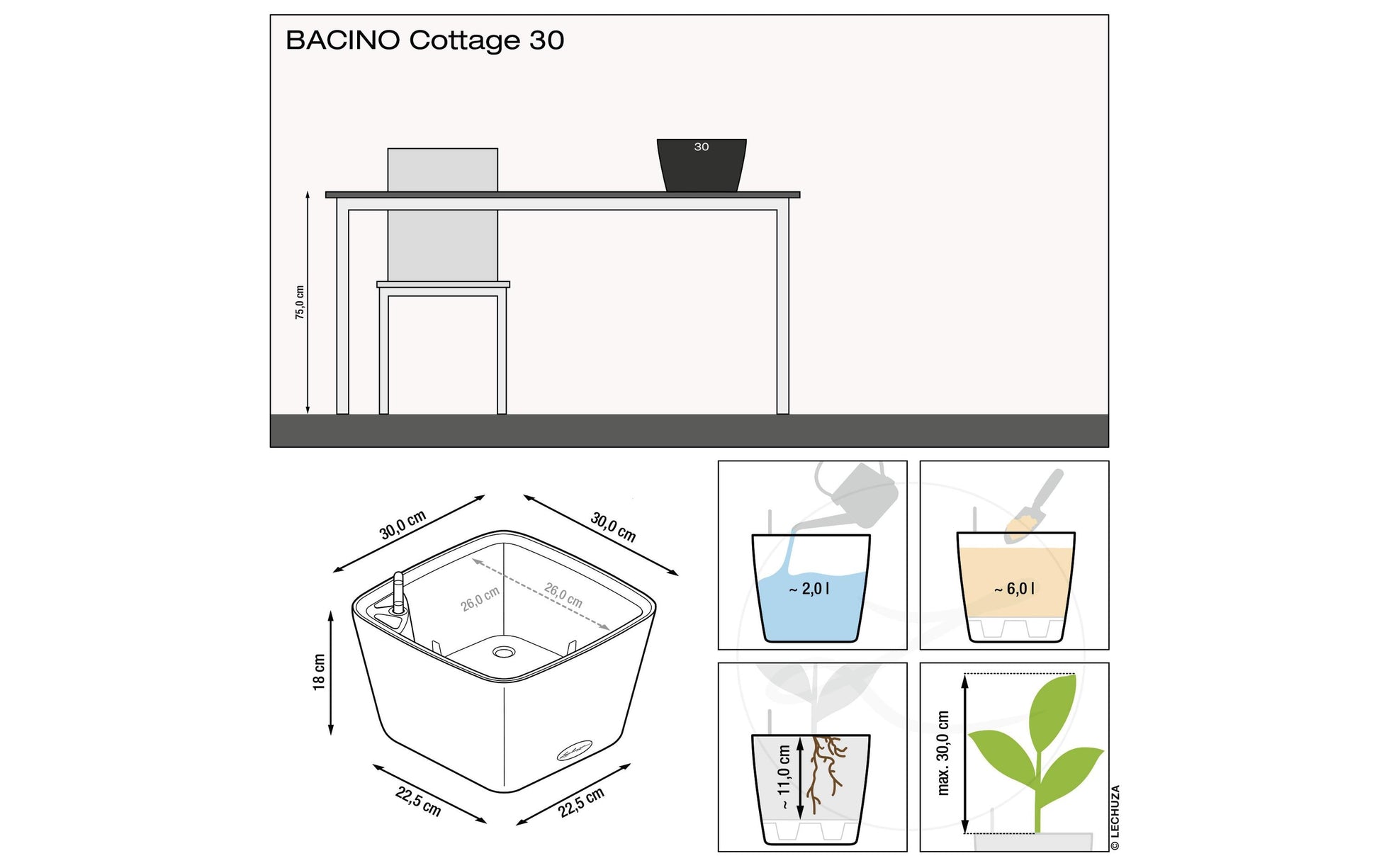 Lechuza BACINO Cottage Pflanzkübel – 30 × 30 × 18 cm – Kunststoff, Hellgrau