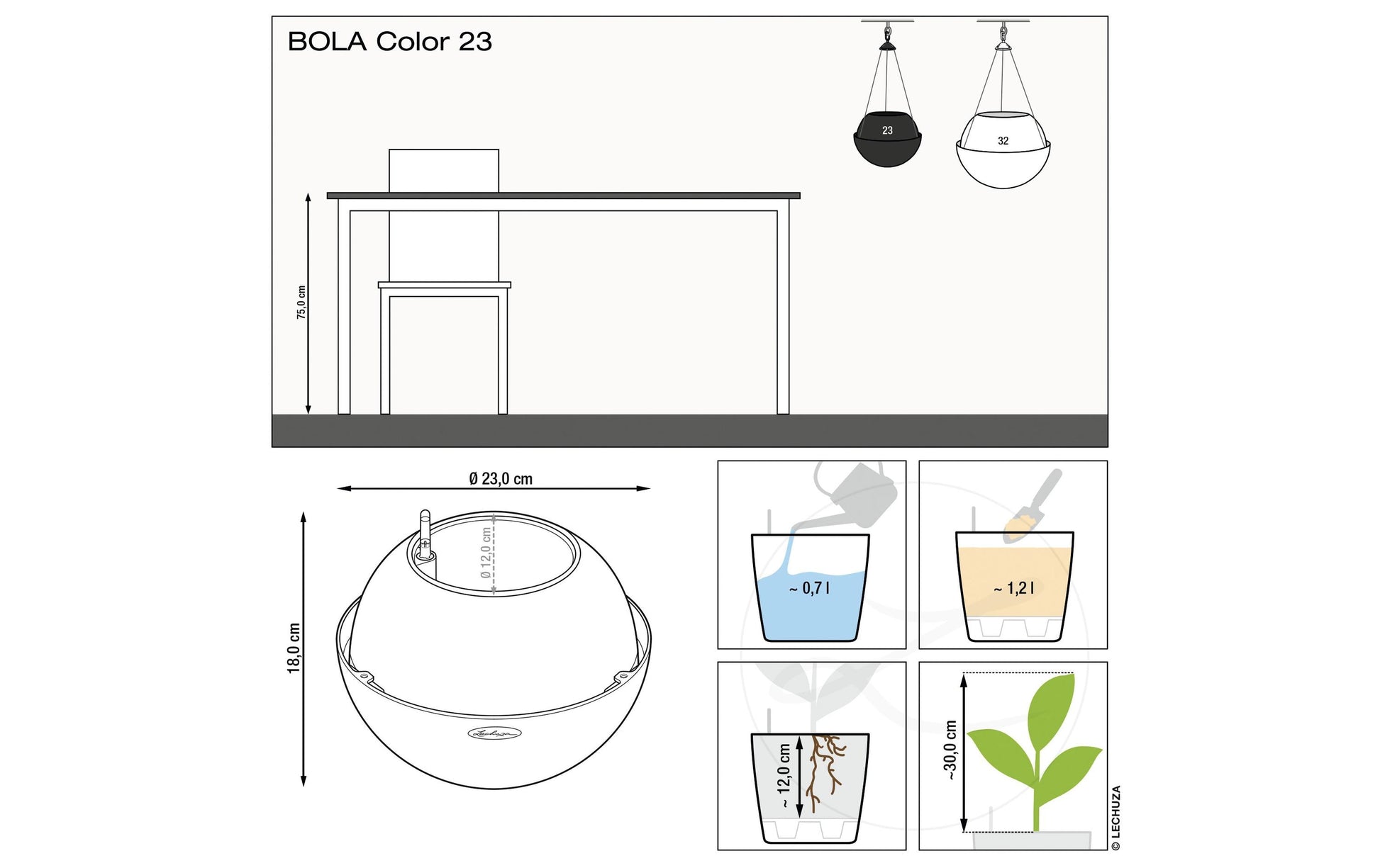LECHUZA Blumentopf Bola Color 23 – Ø 23 × 18 cm – Kunststoff & Edelstahl, weiss