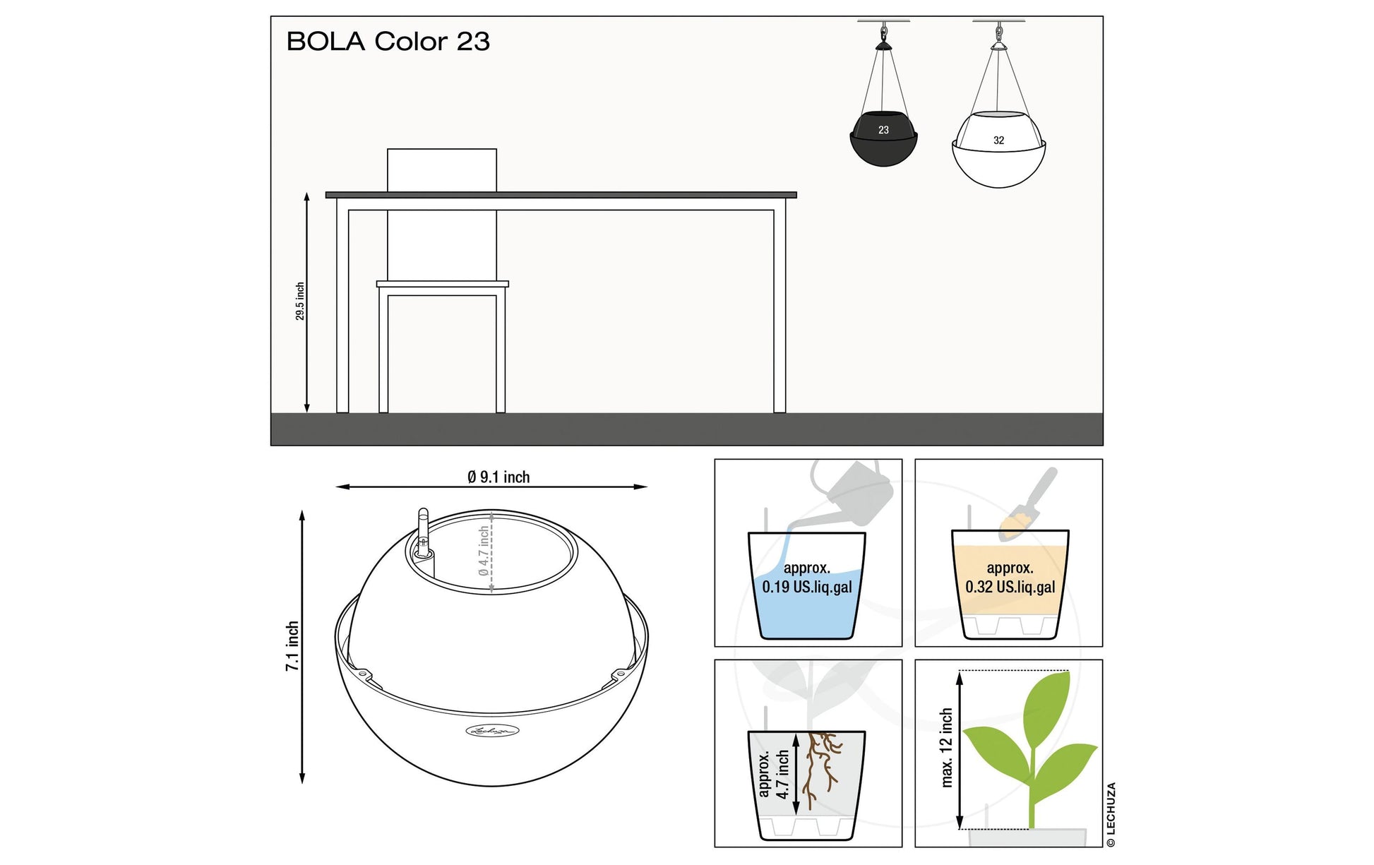 LECHUZA Blumentopf Bola Color 23 – Ø 23 × 18 cm – Kunststoff & Edelstahl, weiss