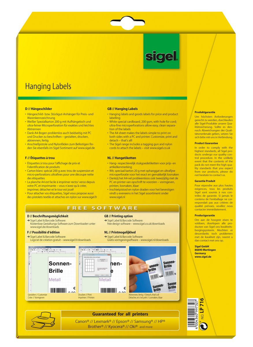 Sigel Anhänger (mit Loch) – 38 × 55 mm – Karton, weiss, perforiert – A4 – 200 g/m² – 750 Stück (30 Blatt)