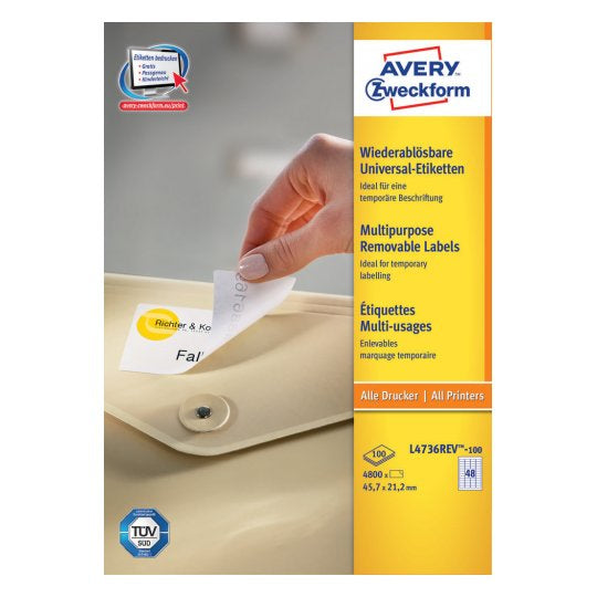 Avery Zweckform – Etiketten A4 46 × 21 mm – Papier, weiss – wiederablösbar – 48 pro Blatt, 100 Blätter (4800 Stk.)