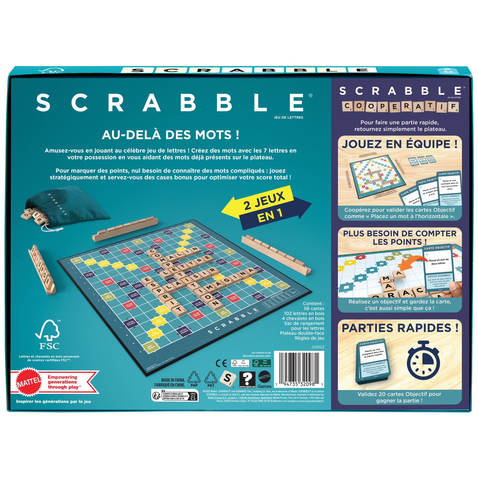 Mattel Scrabble Original Holz 2 in 1 – Brettspiel, 2–4 Spieler, ab 8 Jahren, 30 Min., FR