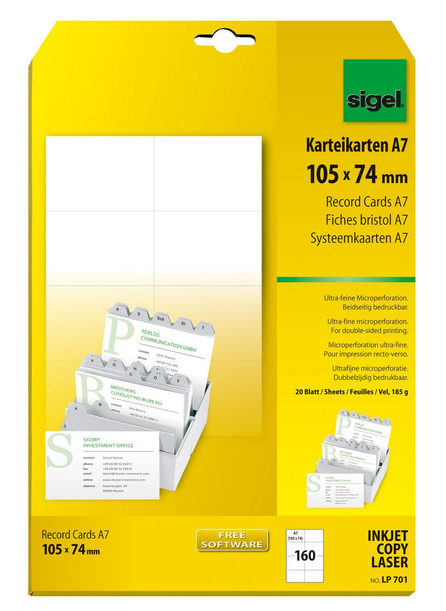 Sigel Karteikarte A7 quer, blanko, weiss, 185 g/m², Karteikarton – 20 Stück