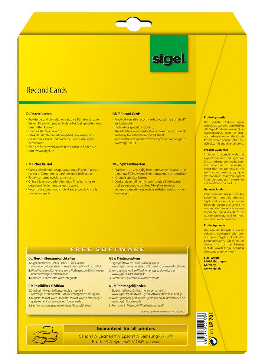 Sigel Karteikarte A7 quer, blanko, weiss, 185 g/m², Karteikarton – 20 Stück