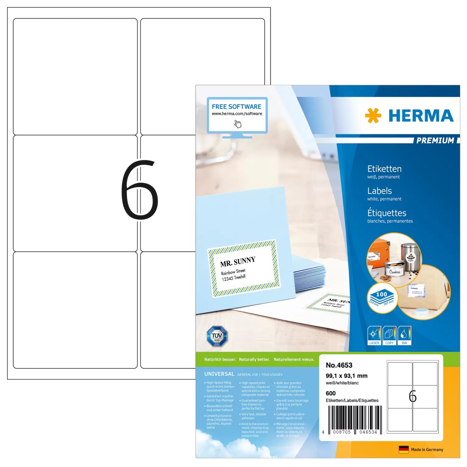 HERMA Adressetiketten, 99 mm × 93 mm, weiss, Papier, permanent, 600 Etiketten (100 Blatt)