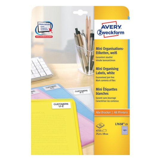 Avery Zweckform – Druckeretiketten, 25 mm × 10 mm, weiss, Papier, permanent, 25 Blätter, 4725 Etiketten