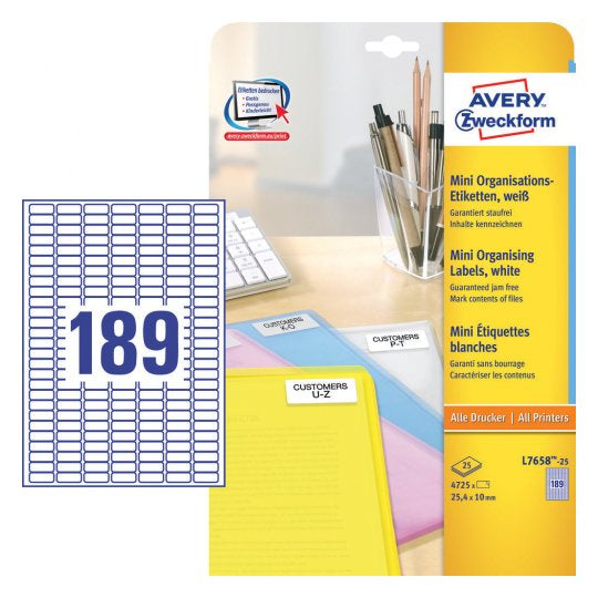 Avery Zweckform – Druckeretiketten, 25 mm × 10 mm, weiss, Papier, permanent, 25 Blätter, 4725 Etiketten