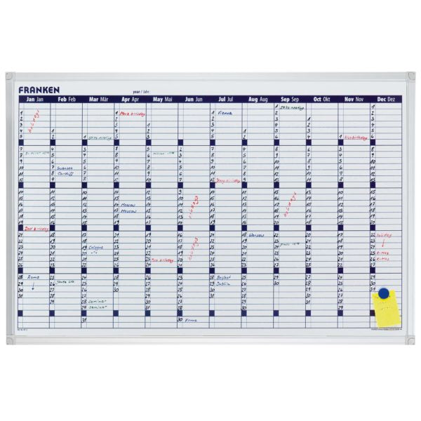 Franken Jahresplaner, magnetisch, Alurahmen – 90 × 60 cm, Weiss