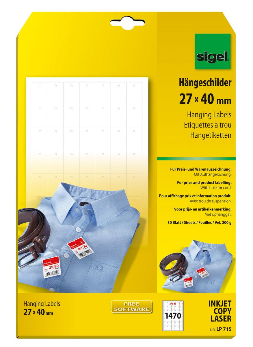 Sigel Anhänger (mit Loch) – 27 × 40 mm – Karton, weiss – 200 g/m² – 1'470 Stück (30 Blatt)