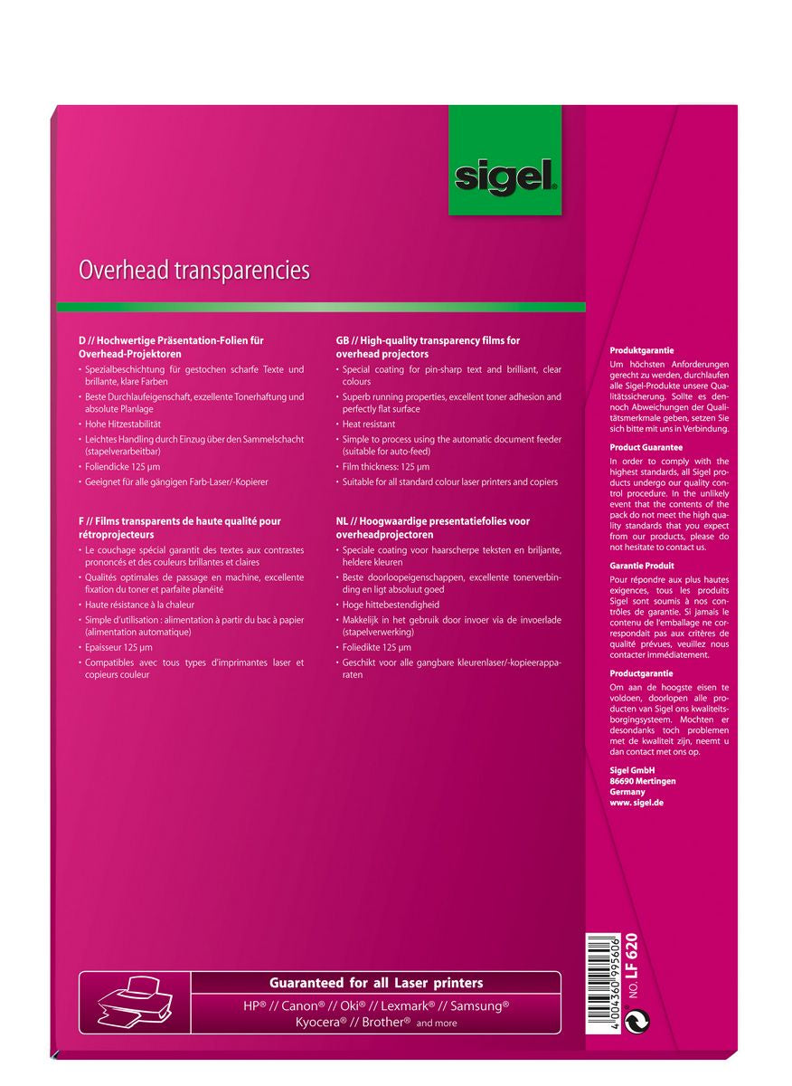 Sigel Transparentfolie (Drucker) LF620 Transparent – A4, 125 µm, Laser, 50 Blatt
