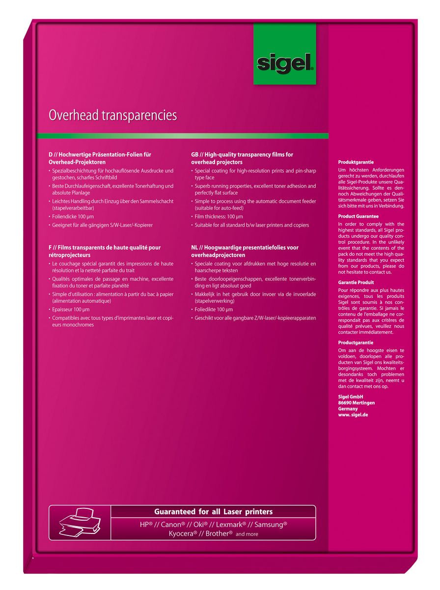 Sigel Transparentfolie (Drucker) Transparent – A4, 100 µm, Laser, 100 Blatt
