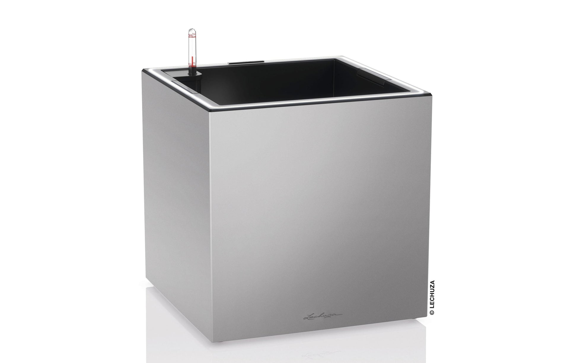 Lechuza CANTO Pflanzkübel – 40 × 40 × 40 cm, 29 l, LED – Kunststoff, silber