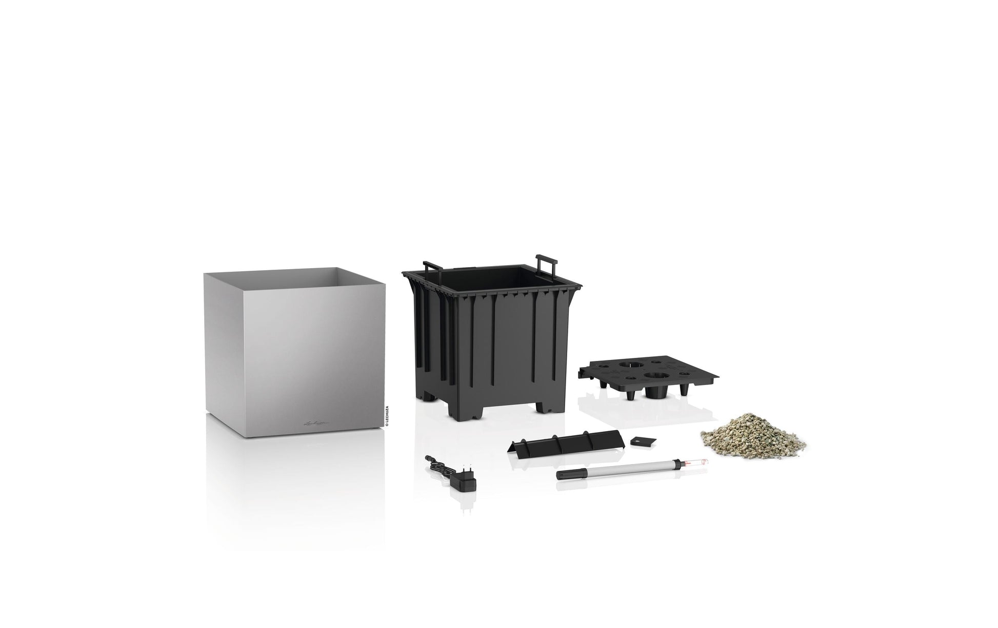 Lechuza CANTO Pflanzkübel – 40 × 40 × 40 cm, 29 l, LED – Kunststoff, silber