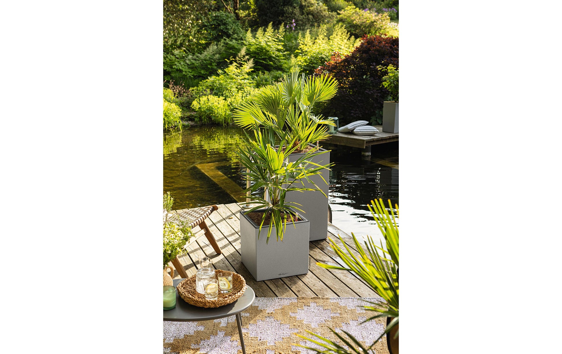 LECHUZA CANTO Stone Pflanzkübel – 40 × 40 × 40 cm, LED – Kunststoff, grau