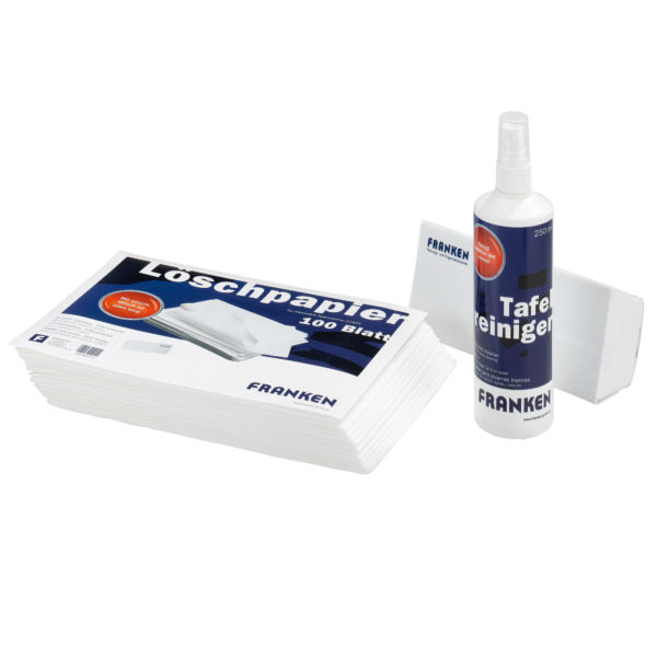 Franken Tafelreinigungs-Set für Weisswandtafeln – 250 ml Reinigungsspray, 100 Blatt Löschpapier, Tafelwischer