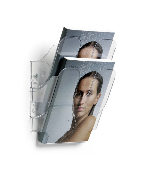 Durable Wandprospekthalter – für A5 Hochformat, 2 Fächer, Fachtiefe 23 mm, transparent, B 180 × H 250 × T 105 mm