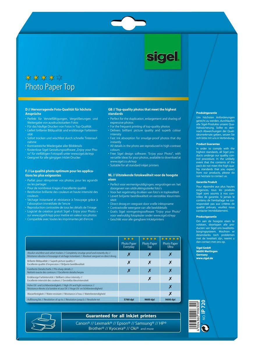 Sigel Fotopapier – hochglänzend, A4, 190 g/m², 20 Blätter, beidseitig