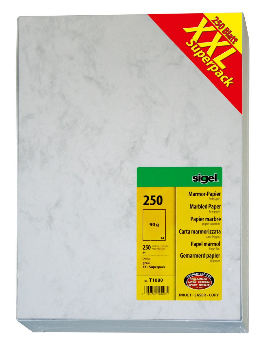 Sigel Motivpapier Marmor, grau, A4, 90 g/m², für Drucker/Kopierer, beidseitig, 250 Blatt