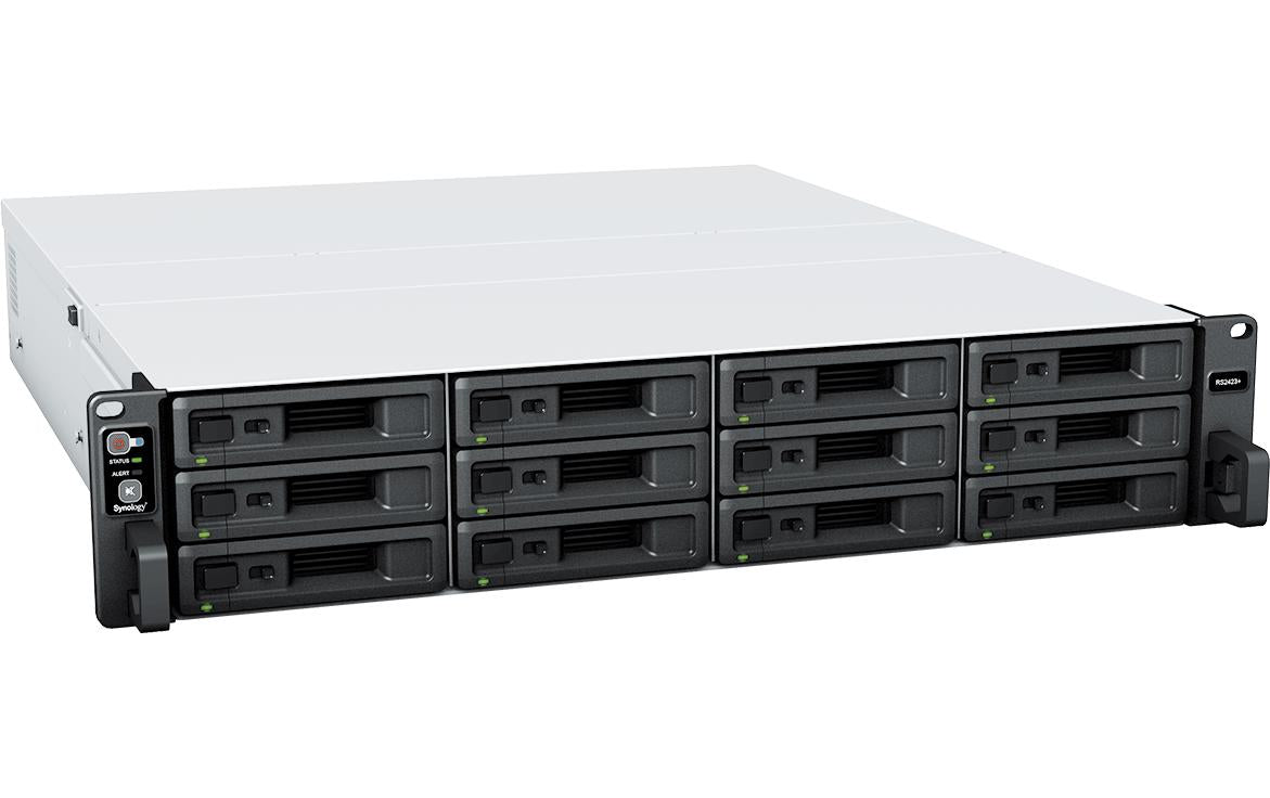Synology RS2423+ – 12-Bay Rack 2U NAS – AMD Ryzen V1780B, 8 GB RAM, 10GbE, DSM, für 2,5"/3,5" HDD/SSD, SATA