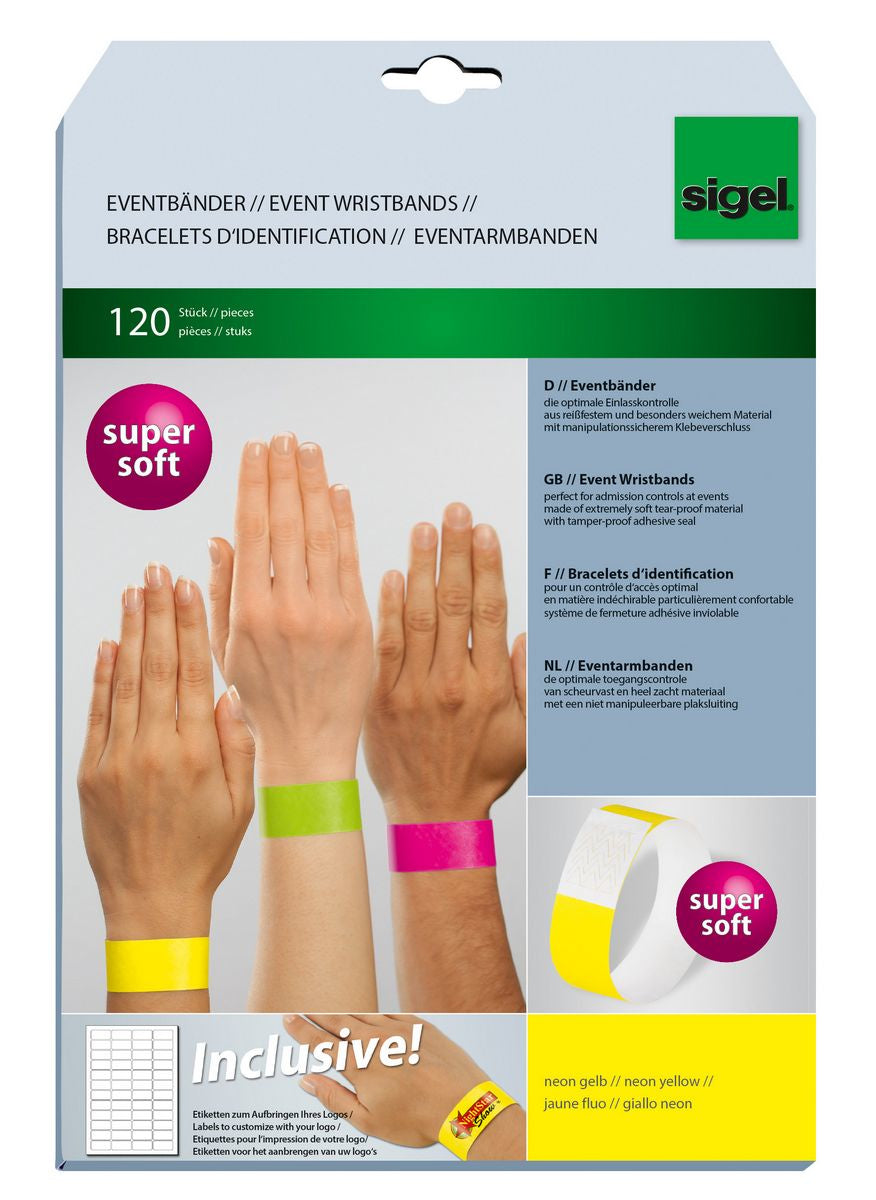 Sigel Eventband – 25 × 255 mm, Neongelb, Kunststoff, fortlaufend nummeriert – 120 Stk