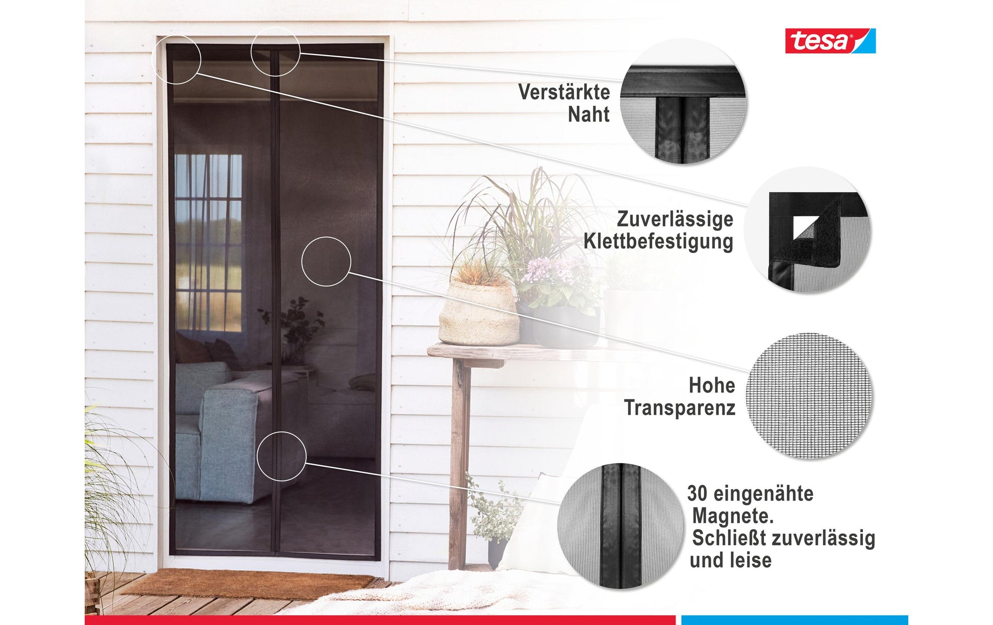 TESA Fliegengitter Tür – 80 × 200 cm – Schwarz – Polyester – Magnetbefestigung – Für Türen