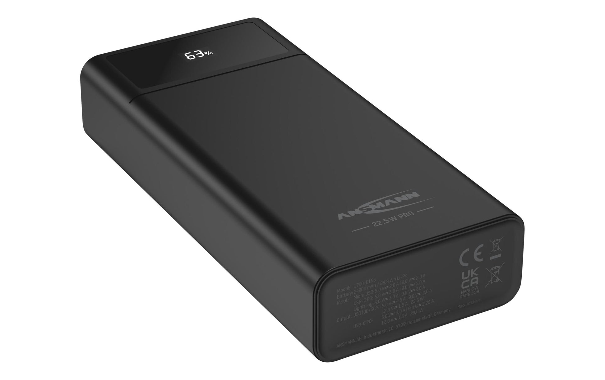 Ansmann Powerbank 24000 mAh, PD 22,5 W, 1× USB-C, 2× USB-A, mit LED-Display, für Smartphones, schwarz