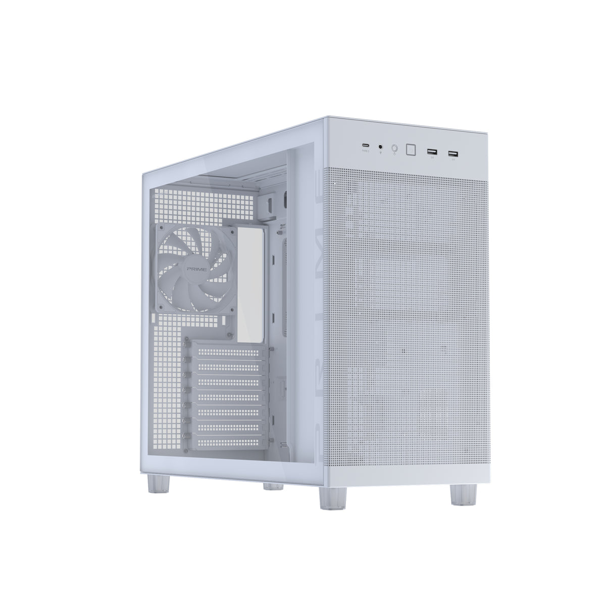 ASUS PRIME AP303 TG Weiss – PC-Gehäuse – micro-ATX/Mini-ITX/ATX, Seitenfenster, 360 mm Radiator oben, 36 cm GPU