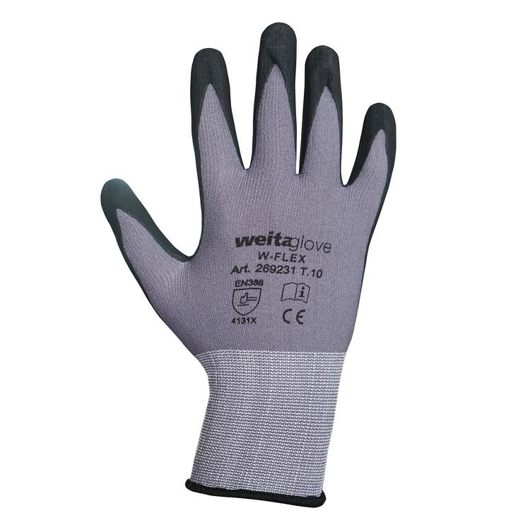 Weitaglove Arbeitshandschuhe W-FLEX – Grösse 10 (XL), 1 Paar – Nylon, Nitrilschaum – Grau, griffsicher