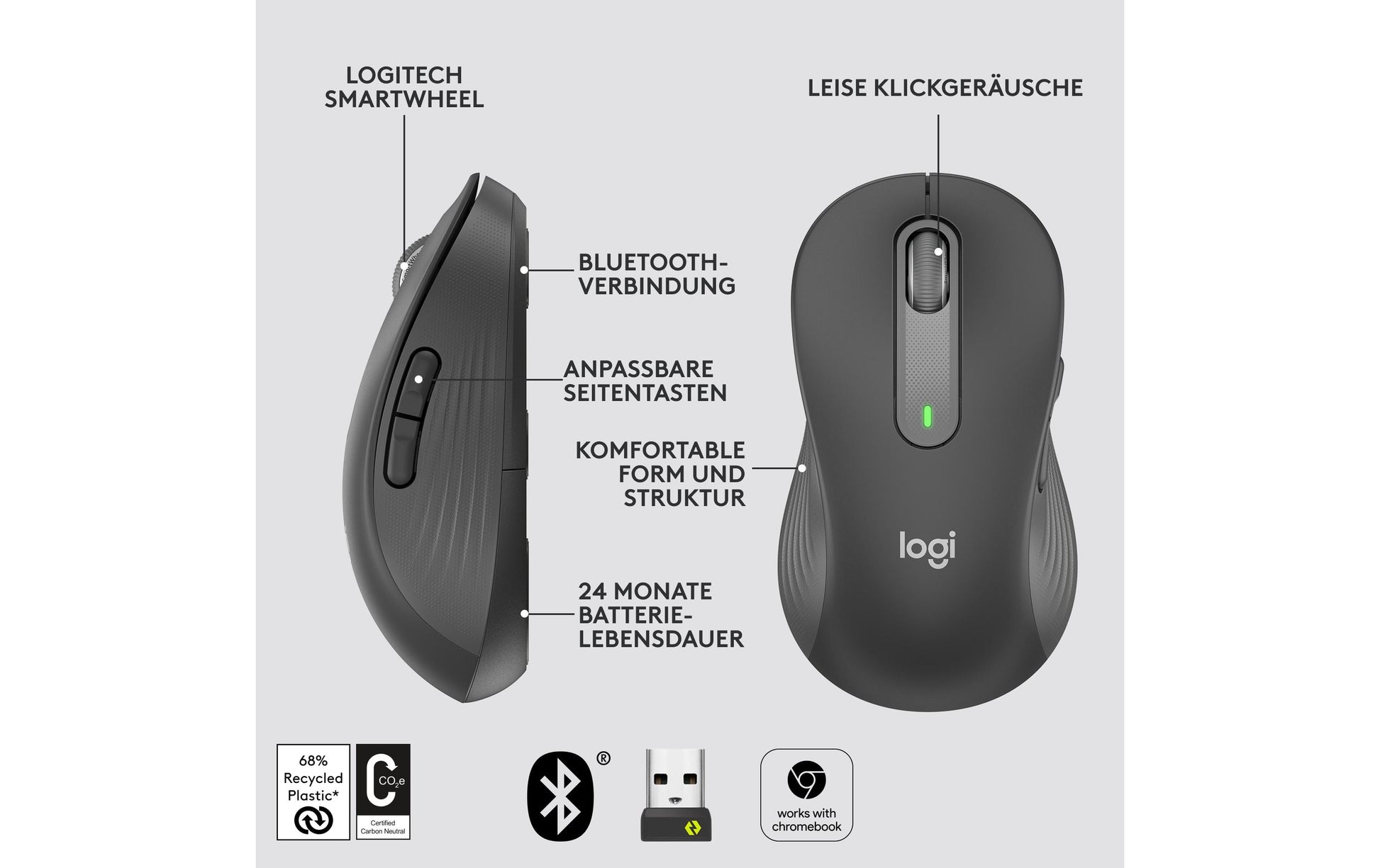 Logitech Signature M650 L für Business – Maus – Kabellos (Bluetooth/2,4 GHz), Logi Bolt, Linkshändig
