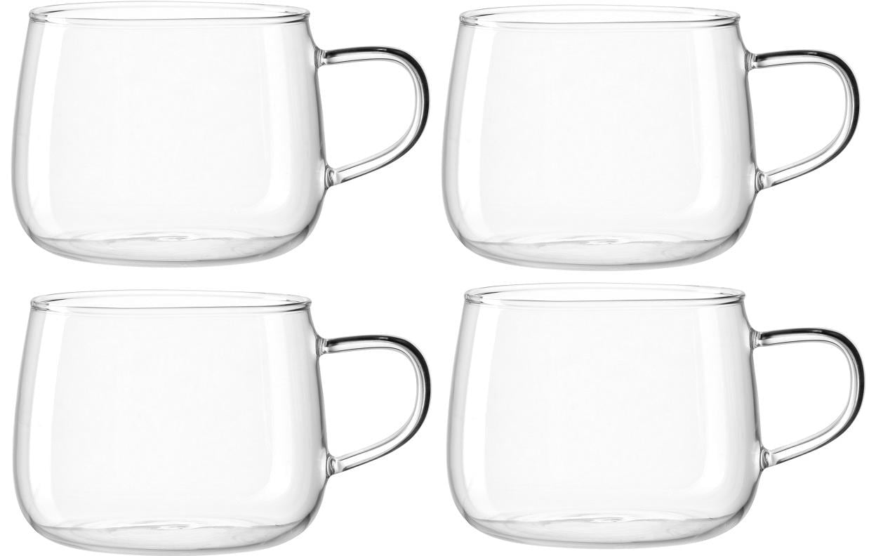 LEONARDO Tasse – 0,45 l, Glas, transparent, mit Henkel, spülmaschinenfest, mikrowellenfest, 4 Stück